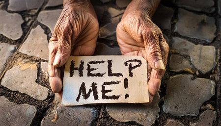 Close-up of two dirty wrinkled hands of an old person, holding a piece of paper with the text HELP ME! in English language. Generative Ai.の素材