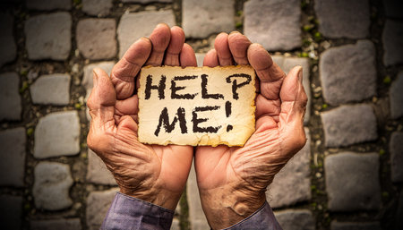 Close-up of two dirty wrinkled hands of an old person, holding a piece of paper with the text HELP ME! in English language. Generative Ai.の素材
