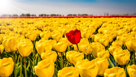Single red tulip in bloom in a field with many yellow-orange tulips against a clear blue sky. Standing out from the crowd, thinking outside the box, leadership and individuality concept. Generative Aiの素材