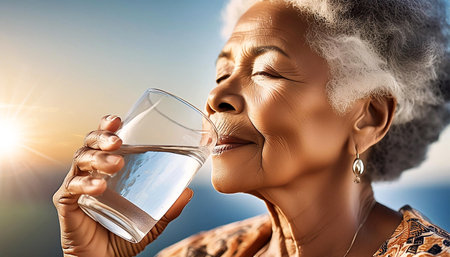 Extreme close-up and side view of an elderly woman drinking a glass of fresh water at sunny hot summer day, concept of correct hydration of the human body in adulthood. Generative Ai.の素材