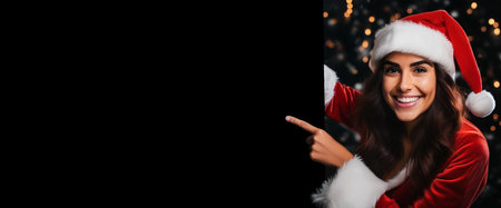 Portrait of a beautiful young woman dressed as Santa Claus, smiling and looking at camera, pointing at a black paper billboard with copy space. Generative Ai.の素材