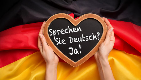 Close-up of two hands holding a heart-shaped blackboard with wooden frame and question, Do You Speak German? and Yes! (Sprechen Sie Deutsch? and Ja!). Against a German flag. Generative Ai.の素材