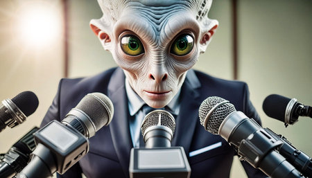 Extreme close-up of an alien, speaking to reporters and looking at camera at a press conference in front of a group of professional microphones. Alien giving speech to mankind, concept. Generative Ai.の素材