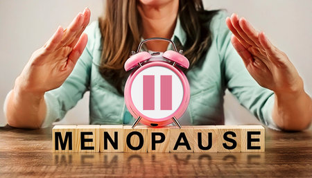 Close-up of word Menopause made of wooden blocks and a pink alarm clock on a wooden table. In the background a middle-aged woman gesturing with her hands in a sense of protection. Generative Ai.の素材