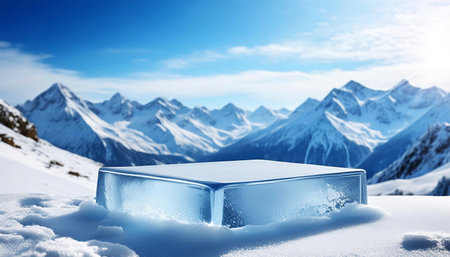 Close-up of an empty ice podium or pedestal for display mockup or products presentation. Snowy and icy mountain peaks in the background with clear blue sky and clouds. Generative Ai.の素材