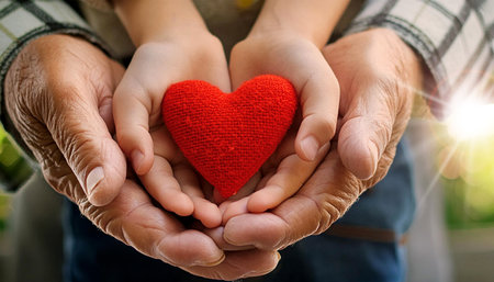 Closeup of grandfather and granddaughter holding hands and holding a red heart. Cupped hands of an adult and a child holding a red fabric heart. Concept of love, care and comfort. Generative Ai.の素材