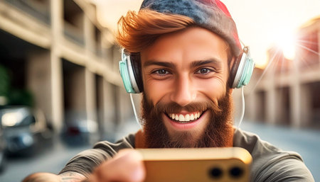 Close-up of a male cool street style hypebeast hip-hop rapper influencer with headphones, recording music video using cell phone in a city street, the smiling and cheerful face in focus. Generative Aiの素材
