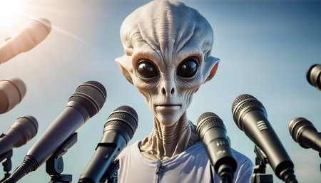 Extreme close-up of an alien, speaking to reporters and looking at camera at a press conference in front of a group of professional microphones. Alien giving speech to mankind, concept. Generative Ai.の素材