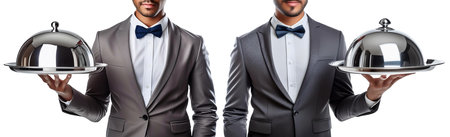 Close-up and front view of a hand of waiter or chef, holding a metal domed tray (silver tray with reflective dome), isolated on white background. Variations and collections. Generative Ai.の素材