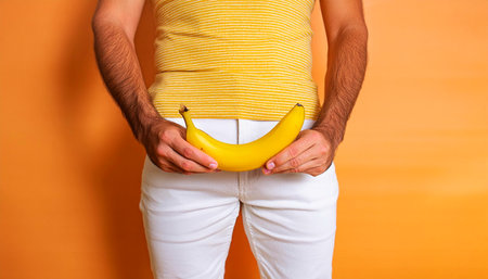 Close-up of a man holding a banana in front of his genitals. Man in white jeans and yellow t-shirt, legs slightly apart, against an orange-yellow background. Sexual issues concept. Generative Ai.の素材