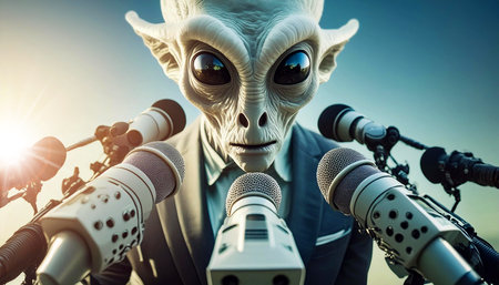 Extreme close-up of an alien, speaking to reporters and looking at camera at a press conference in front of a group of professional microphones. Alien giving speech to mankind, concept. Generative Ai.の素材