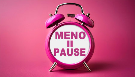 Close-up of an alarm clock with the pause symbol in the center of the clock face and text Menopause against a Pink-Magenta Background with copy space. Generative Ai.の素材
