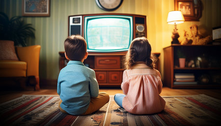 Close-up and back view of two children, a boy and a girl, sitting on the carpet of the floor watching television in retro style in a dark old-fashioned room. Generative Ai.の素材