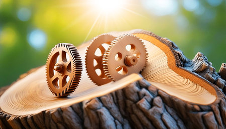 Group of three wooden cogwheels (gears) on cross section of a tree trunk or tree stump. Against a blurred green natural background with copy space and sunbeams. Lumber industry concept. Generative Ai.の素材