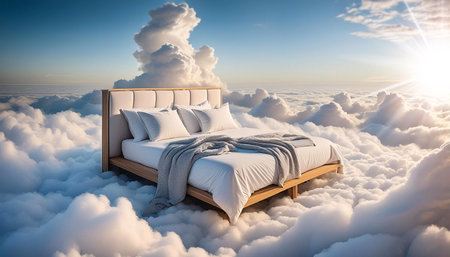 Closeup of a soft bed with white sheets and pillows floating above the fluffy clouds against a clear blue sky with sunbeams. Concept of soft bed like a clouds. Generative Ai.の素材