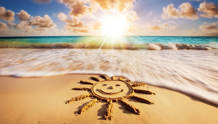 Closeup of a smiling sun drawn on the sand of the shore of a beach with beautiful seascape on background at sunset or sunrise. Beach and summer holiday concept. Long exposure. Generative Ai.の素材