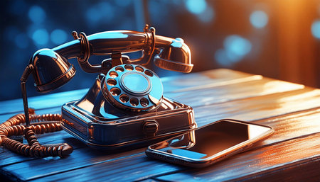 Closeup of an old-fashioned vintage black telephone and a modern mobile phone on the table. Concept of old and new technology in telecommunications. Generative Ai.の素材