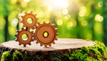 Group of three wooden cogwheels (gears) on cross section of a tree trunk or tree stump. Against a blurred green natural background with copy space and sunbeams. Lumber industry concept. Generative Ai.の素材