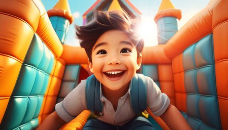 Portrait of a smiling young boy looking at camera while he is playing in an exciting bouncy castle (inflatable playground). Children playground, summer sports and fun activities concept. Generative Ai.の素材