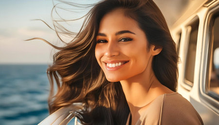 Close-up of beautiful smiling happy woman enjoying watching the sea from a cruise ship. Fashion model with long brown hair blowing in the wind and face illuminated by the sun. Generative Ai.の素材