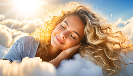 Portrait of a beautiful young woman with long blonde curly hair and closed eyes, sleeping or napping, lying on her side with his hands under his head, on fluffy white clouds. Generative Ai.の素材