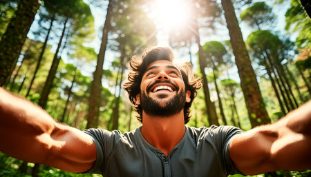 Portrait and bottom view of a happy young man with open arms enjoying life in a green forest and nature background, looking up towards the sky. Generative Ai.の素材