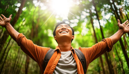 Portrait and bottom view of a happy Asian man with open arms enjoying life in a green forest and nature background, looking up towards the sky. Generative Ai.の素材