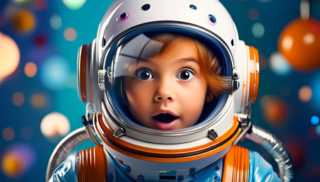 Portrait of a cute child astronaut looking at camera with surprised and amazed look. Dreams and fantasy images of children who dream of a future profession, concept. Generative Ai.の素材