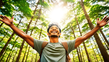 Portrait and bottom view of a happy Asian man with open arms enjoying life in a green forest and nature background, looking up towards the sky. Generative Ai.の素材