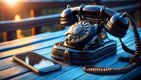 Closeup of an old-fashioned vintage black telephone and a modern mobile phone on the table. Concept of old and new technology in telecommunications. Generative Ai.の素材
