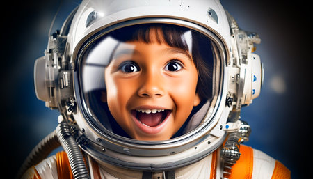 Portrait of a cute child astronaut looking at camera with surprised and amazed look. Dreams and fantasy images of children who dream of a future profession, concept. Generative Ai.の素材
