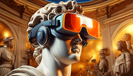 Extreme close-up of a marble bust from the Roman or Greek era wearing a virtual reality headset and headphones, deeply immersed in a digital world in an ancient art museum. Generative Ai.の素材