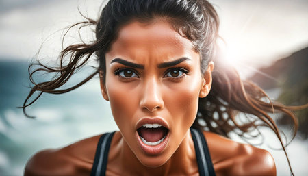 Close-up and front view of a beautiful young muscular woman while jogging outdoors with a determined look. Caucasian female model with long black hair looking at camera. Generative Ai.の素材