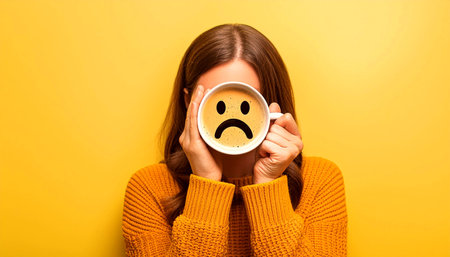Close-up of a young woman wearing an orange sweater while holding a cup of coffee or cappuccino in front of her face with a sad face. Concept of sad mood upon waking up. Generative Ai.の素材
