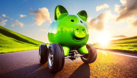 Smiling green piggy bank with wheels on asphalt road against a clear blue sky with copy space. Purchasing new vehicles, costs for car insurance and driving motoring concept. Generative Ai.の素材