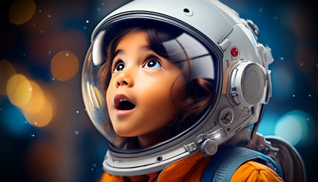 Portrait and profile view of a cute child astronaut looking up, with surprised and amazed look. Dreams and fantasy images of children who dream of a future profession, concept. Generative Ai.の素材