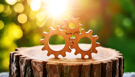 Group of three wooden cogwheels (gears) on cross section of a tree trunk or tree stump. Against a blurred green natural background with copy space and sunbeams. Lumber industry concept. Generative Ai.の素材