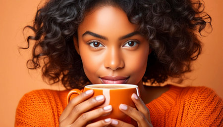 Extreme close-up of a beautiful woman with dark curly hair and brown eyes, wearing an orange sweater while drinking coffee or cappuccino looking at camera. Generative Ai.の素材