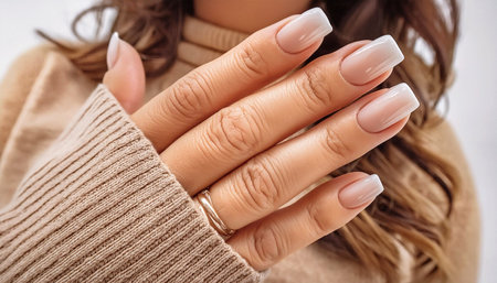 Extreme close-up of a hand of a woman with elegant neutral colors manicure. Beautiful natural looking gel polish manicure on square nails. Generative Ai.の素材