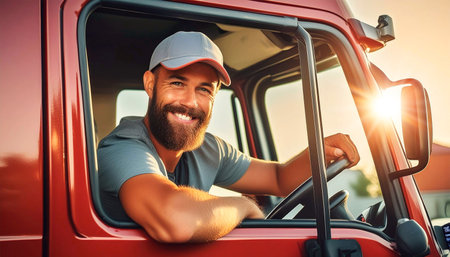 Portrait of a happy smiling male truck driver inside his red cargo truck looking at camera with his blue baseball cap. Generative Ai.の素材
