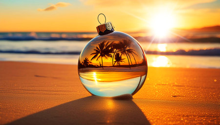 Close-up of a transparent glass Christmas ball on a sandy beach of a tropical sea. Christmas decorations at sunset or sunrise, Christmas and New Year holidays in warm countries, concept. Generative Ai.の素材