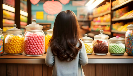 Close-up and back view of a cute little girl standing in front of a candy shop to choose your favorite sweets. Generative Ai.の素材