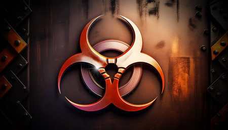 Extreme close-up of a Biohazard sign symbol on a rusty metal wall surface. International symbol for poison and other chemical and biological hazards. Generative Ai.の素材