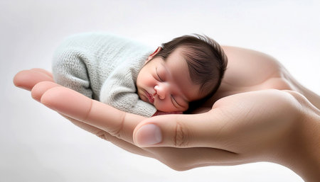 Extreme close-up of a newborn baby sleeping in the mother's hands on white background with copy space. Mom and her child, happy family and maternity concept. Generative Ai.の素材