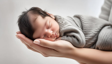 Extreme close-up of a newborn baby sleeping in the mother's hands on white background with copy space. Mom and her child, happy family and maternity concept. Generative Ai.の素材
