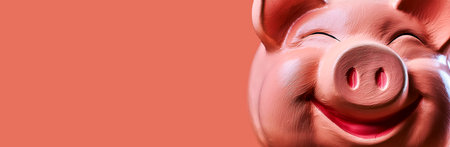 Extreme close-up of a pink ceramic piggy bank smiling and winking while looking at camera on a pink background with copy space. Generative Ai.の素材