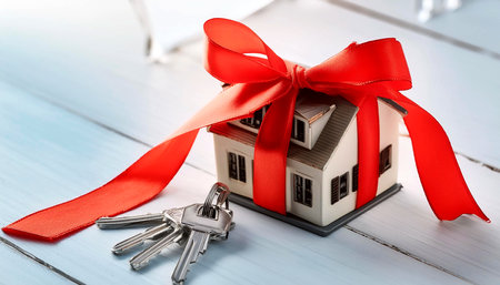 Extreme close-up of a miniature model house wrapped in a red ribbon with tied bow as a gift on a wooden white desk with silver house keys and copy space. Generative Ai.の素材