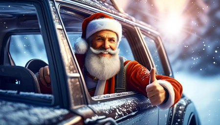 Portrait of a smiling elderly male Santa Claus driving SUV while looking at camera and showing thumbs up, on a blurry snowy background. Generative Ai.の素材
