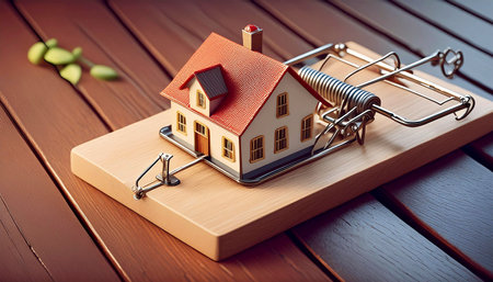 Extreme close-up of a miniature model house in a mousetrap on wooden background with copy space. Concept of risk in investing in a new home. Generative Ai.の素材