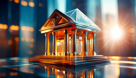Close-up of a modern glass bank building and cityscape with shallow depth of field at sunset or sunrise. Generative Ai.の素材